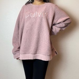 Mauve Dusty Pink Calvin Klein Logo Graphic Sherpa Pullover Crewneck Sweatshirt